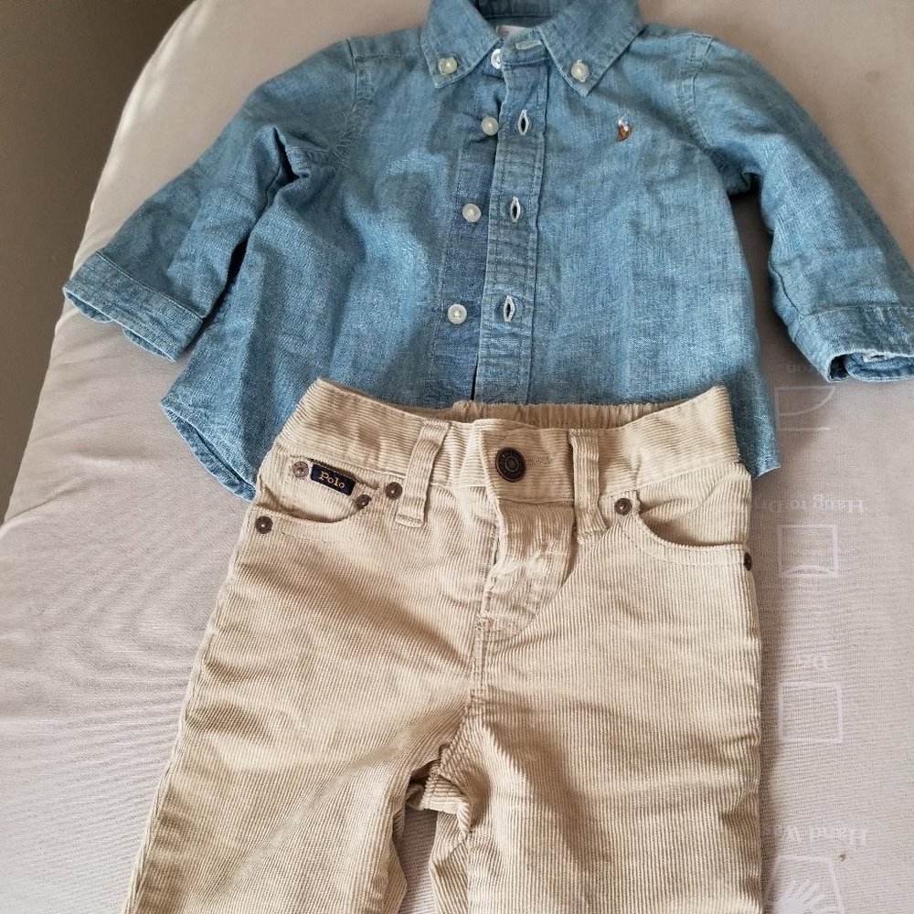 Boys Ralph Lauren Button Down Shirt and Corduroy Pants Size 6 months.
